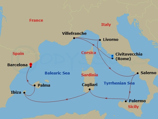 9 Night - Europe - Western Mediterranean - Rome - Norwegian Prima - Starting in Civitavecchia Rome, Italy, Nice / Monaco (Villefranche), France, Livorno / Florence / Pisa, Italy, Amalfi Coast (Salerno), Italy, Palermo, Sicily, Italy, Cagliari / Sardinia, Italy, Ibiza, Spain, Palma Majorca, Spain, Barcelona, Spain itinerary map