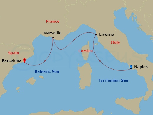 3 Night - Mediterranean - MSC Meraviglia - Starting in Naples (Pompeii), Italy, Livorno (Florence), Italy, Marseille (Provence), France, Barcelona, Spain itinerary map
