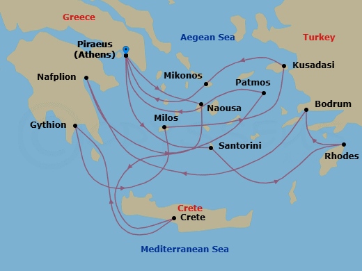 14 Night - Southern Europe Roundtrip from Athens - Silver Nova - Starting in Athens, Naousa, Souda Bay, Gythion, Milos, Kusadasi, Mykonos, Athens, Santorini, Rhodes, Bodrum, Nafplion, Patmos, Athens itinerary map