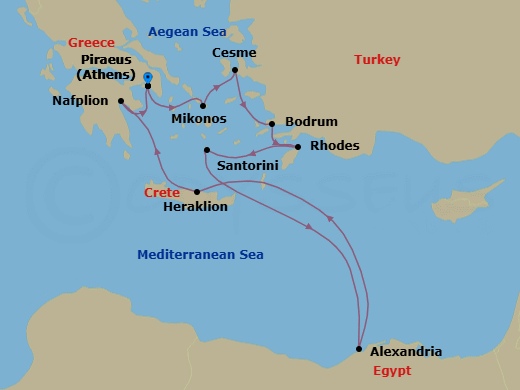 11 Night - Athens to Athens - Silver Nova - Starting in Athens (Piraeus), Mykonos, Cesme, Bodrum, Rhodes, Santorini, Alexandria EG, Heraklion, Nafplion, Athens (Piraeus) itinerary map