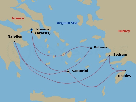 7 Night - Athens to Athens - Silver Nova - Starting in Athens (Piraeus), Santorini, Rhodes, Bodrum, Nafplion, Patmos, Athens (Piraeus) itinerary map