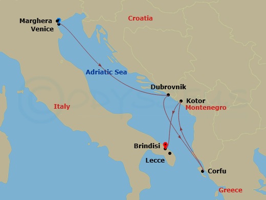 5 Night - Mediterranean - MSC Armonia - Starting in Venice / Marghera, Italy, Dubrovnik, Croatia, Corfu, Greece, Kotor, Montenegro, Brindisi (Lecce), Italy itinerary map