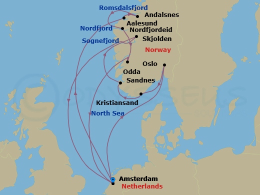 14 Night - Norwegian Fjords & Romsdalsfjord - Zuiderdam - Starting in Amsterdam, the Netherlands, Scenic cruising Oslofjord, Oslo, Norway, Kristiansand, Norway, Sandnes (Stavanger), Norway, Scenic cruising Sognefjord, Skjolden, Norway, Amsterdam, the Netherlands, Alesund, Norway, Andalsnes, Norway, Scenic cruising Romsdalsfjord, Nordfjordeid, Norway, Scenic Cruising Nordfjord, Odda, Norway, Scenic cruising Hardangerfjord, Amsterdam, the Netherlands itinerary map