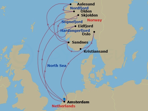 14 Night - Norwegian Fjords & Sognefjord - Zuiderdam - Starting in Amsterdam, the Netherlands, Eidfjord, Norway, Scenic cruising Hardangerfjord, Alesund, Norway, Olden, Norway, Scenic Cruising Nordfjord, Sandnes (Stavanger), Norway, Amsterdam, the Netherlands, Scenic cruising Oslofjord, Oslo, Norway, Kristiansand, Norway, Sandnes (Stavanger), Norway, Scenic cruising Sognefjord, Skjolden, Norway, Amsterdam, the Netherlands itinerary map