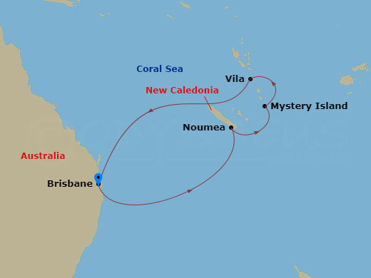 8 Night - South Pacific Cruise - Quantum of the Seas - Starting in Brisbane, Australia, Noumea, New Caledonia, Mystery Island, Vanuatu, Vila, Vanuatu, Brisbane, Australia itinerary map