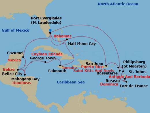 21 Night - Eastern & Western Caribbean : Leeward Islands & Mexico - Rotterdam - Starting in Fort Lauderdale, Florida, Philipsburg, Sint Maarten, St Johns AG, Antigua, Roseau, Dominica, Fort-De-France, Martinique, Basseterre, St Kitts and Nevis, San Juan, Puerto Rico, RelaxAway, Half Moon Cay, Bahamas, Fort Lauderdale, Florida, RelaxAway, Half Moon Cay, Bahamas, Falmouth, Jamaica, Georgetown, Cayman Islands, Mahogany Bay, Roatan, Honduras, Belize City, Belize, Cozumel, Mexico, Fort Lauderdale, Florida itinerary map