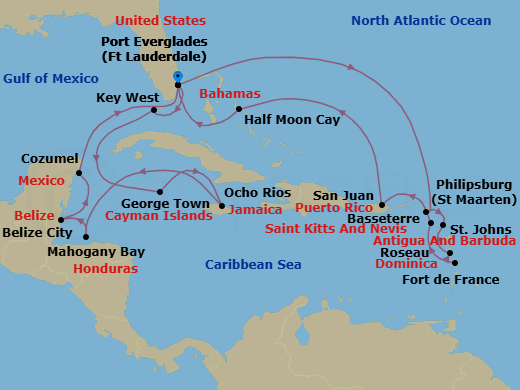 21 Night - Western & Eastern Caribbean : Mexico & Leeward Islands - Rotterdam - Starting in Fort Lauderdale, Florida, Key West, Florida, Georgetown, Cayman Islands, Ocho Rios, Jamaica, Mahogany Bay, Roatan, Honduras, Belize City, Belize, Cozumel, Mexico, Fort Lauderdale, Florida, Philipsburg, Sint Maarten, St Johns AG, Antigua, Roseau, Dominica, Fort-De-France, Martinique, Basseterre, St Kitts and Nevis, San Juan, Puerto Rico, RelaxAway, Half Moon Cay, Bahamas, Fort Lauderdale, Florida itinerary map