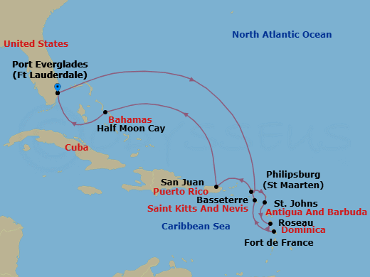 11 Night - Eastern Caribbean : Windward & Leeward Islands - Rotterdam - Starting in Fort Lauderdale, Florida, Philipsburg, Sint Maarten, St Johns AG, Antigua, Roseau, Dominica, Fort-De-France, Martinique, Basseterre, St Kitts and Nevis, San Juan, Puerto Rico, RelaxAway, Half Moon Cay, Bahamas, Fort Lauderdale, Florida itinerary map