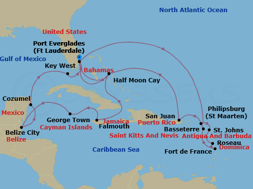21 Night - Western & Eastern Caribbean : Mexico & Leeward Islands - Rotterdam - Starting in Fort Lauderdale, Florida, RelaxAway, Half Moon Cay, Bahamas, Falmouth, Jamaica, Georgetown, Cayman Islands, Belize City, Belize, Cozumel, Mexico, Key West, Florida, Fort Lauderdale, Florida, Philipsburg, Sint Maarten, St Johns AG, Antigua, Roseau, Dominica, Fort-De-France, Martinique, Basseterre, St Kitts and Nevis, San Juan, Puerto Rico, RelaxAway, Half Moon Cay, Bahamas, Fort Lauderdale, Florida itinerary map