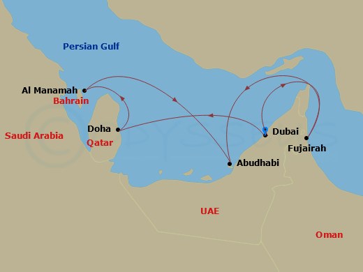7 Night - A Journey of Arabian Sparkle & New Year's Magic - EXPLORA II - Starting in Dubai, Al Fujayrah, Abu Dhabi, New Year Fireworks Dxb, Bahrain, Doha, Dubai itinerary map