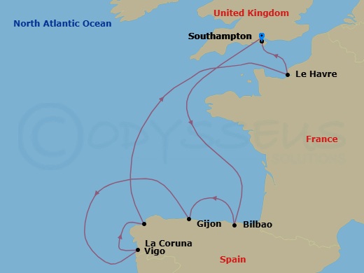 9 Night - Spanish Flair & Solar Eclipse - Liberty of the Seas - Starting in Southampton, England, Bilbao, Gijon, Spain, Vigo, Spain, La Coruna, Spain, Paris (Le Havre), France, Southampton, England itinerary map