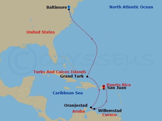8 Night - Baltimore to San Juan Cruise - Vision of the Seas - Starting in Baltimore, Maryland, Grand Turk, Turks and Caicos, Oranjestad, Aruba, Willemstad AN, Curacao, San Juan, Puerto Rico itinerary map