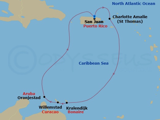 7 Night - Southern Caribbean Cruise - Vision of the Seas - Starting in San Juan, Puerto Rico, Charlotte Amalie, St Thomas, Kralendijk, Bonaire, Willemstad AN, Curacao, Oranjestad, Aruba, San Juan, Puerto Rico itinerary map