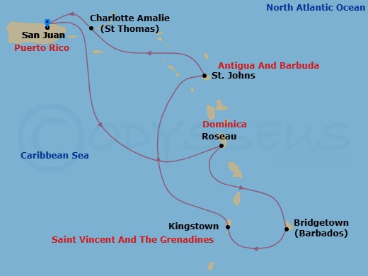 7 Night - Southern Caribbean Cruise - Vision of the Seas - Starting in San Juan, Puerto Rico, Roseau, Dominica, Bridgetown, Barbados, Kingstown, St Vincent, St Johns AG, Antigua, Charlotte Amalie, St Thomas, San Juan, Puerto Rico itinerary map