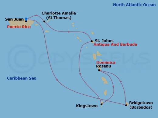 7 Night - Southern Caribbean Cruise - Vision of the Seas - Starting in San Juan, Puerto Rico, Bridgetown, Barbados, Roseau, Dominica, Kingstown, St Vincent, St Johns AG, Antigua, Charlotte Amalie, St Thomas, San Juan, Puerto Rico itinerary map