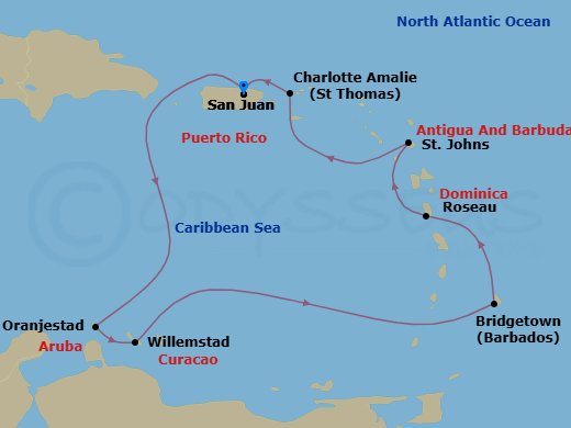 9 Night - Southern Caribbean Cruise - Vision of the Seas - Starting in San Juan, Puerto Rico, Oranjestad, Aruba, Willemstad AN, Curacao, Bridgetown, Barbados, Roseau, Dominica, St Johns AG, Antigua, Charlotte Amalie, St Thomas, San Juan, Puerto Rico itinerary map