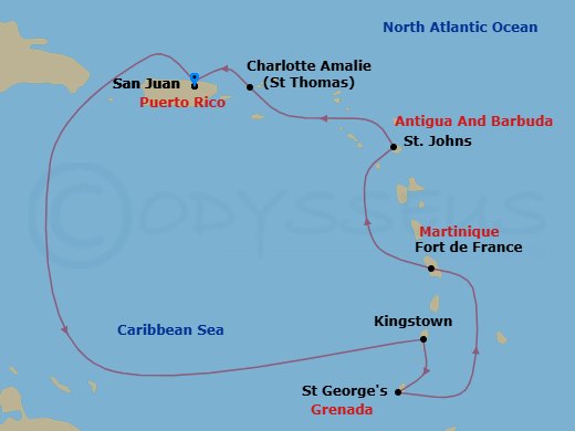 7 Night - Southern Caribbean Cruise - Vision of the Seas - Starting in San Juan, Puerto Rico, Kingstown, St Vincent, St Georges, Grenada, Fort-De-France, Martinique, St Johns AG, Antigua, Charlotte Amalie, St Thomas, San Juan, Puerto Rico itinerary map