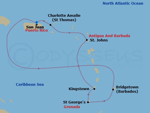 7 Night - Southern Caribbean Cruise - Vision of the Seas - Starting in San Juan, Puerto Rico, Bridgetown, Barbados, St Georges, Grenada, Kingstown, St Vincent, St Johns AG, Antigua, Charlotte Amalie, St Thomas, San Juan, Puerto Rico itinerary map