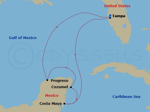 6 Night - Western Caribbean Cruise - Serenade of the Seas - Starting in Tampa, Florida, Puerto Costa Maya, Mexico, Cozumel, Mexico, Yucatan (Progreso), Mexico, Tampa, Florida itinerary map