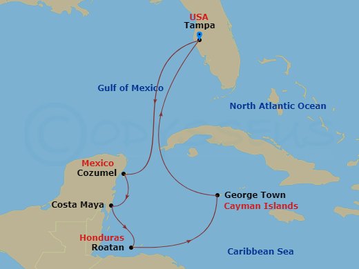 8 Night - Western Caribbean Cruise - Serenade of the Seas - Starting in Tampa, Florida, Cozumel, Mexico, Puerto Costa Maya, Mexico, Roatan, Honduras, George Town, Grand Cayman, Tampa, Florida itinerary map