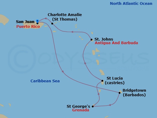 7 Night - Southern Caribbean Cruise - Vision of the Seas - Starting in San Juan, Puerto Rico, Bridgetown, Barbados, St Georges, Grenada, Castries, St Lucia, St Johns AG, Antigua, Charlotte Amalie, St Thomas, San Juan, Puerto Rico itinerary map