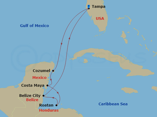 8 Night - Western Caribbean Cruise - Serenade of the Seas - Starting in Tampa, Florida, Cozumel, Mexico, Puerto Costa Maya, Mexico, Roatan, Honduras, Belize City, Belize, Tampa, Florida itinerary map