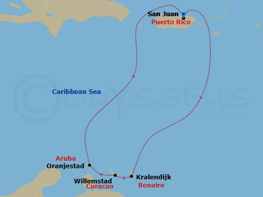 6 Night - Southern Caribbean Cruise - Vision of the Seas - Starting in San Juan, Puerto Rico, Kralendijk, Bonaire, Willemstad AN, Curacao, Oranjestad, Aruba, San Juan, Puerto Rico itinerary map