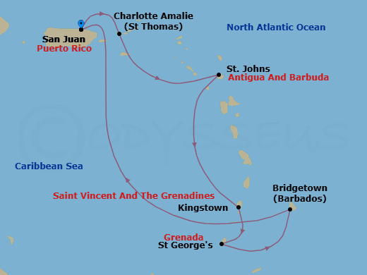 7 Night - Southern Caribbean Cruise - Vision of the Seas - Starting in San Juan, Puerto Rico, Charlotte Amalie, St Thomas, St Johns AG, Antigua, Kingstown, St Vincent, St Georges, Grenada, Bridgetown, Barbados, San Juan, Puerto Rico itinerary map