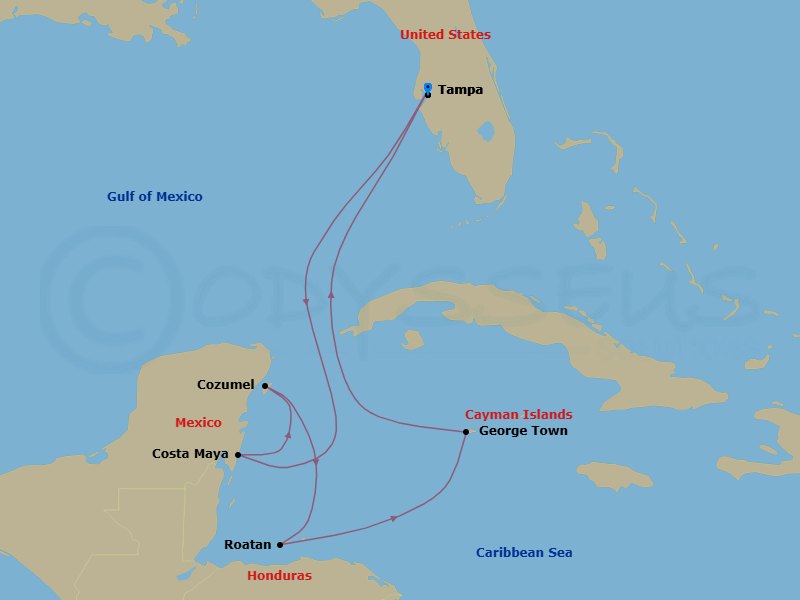 8 Night - Western Caribbean Cruise - Serenade of the Seas - Starting in Tampa, Florida, Puerto Costa Maya, Mexico, Cozumel, Mexico, Roatan, Honduras, George Town, Grand Cayman, Tampa, Florida itinerary map