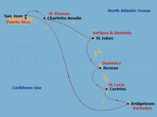 7 Night - Southern Caribbean Cruise - Vision of the Seas - Starting in San Juan, Puerto Rico, Charlotte Amalie, St Thomas, St Johns AG, Antigua, Roseau, Dominica, Castries, St Lucia, Bridgetown, Barbados, San Juan, Puerto Rico itinerary map