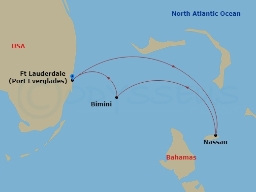 4 Night - Bahamas Getaway Cruise - Jewel of the Seas - Starting in Fort Lauderdale, Florida, Nassau, Bahamas, Bimini, Bahamas, Fort Lauderdale, Florida itinerary map