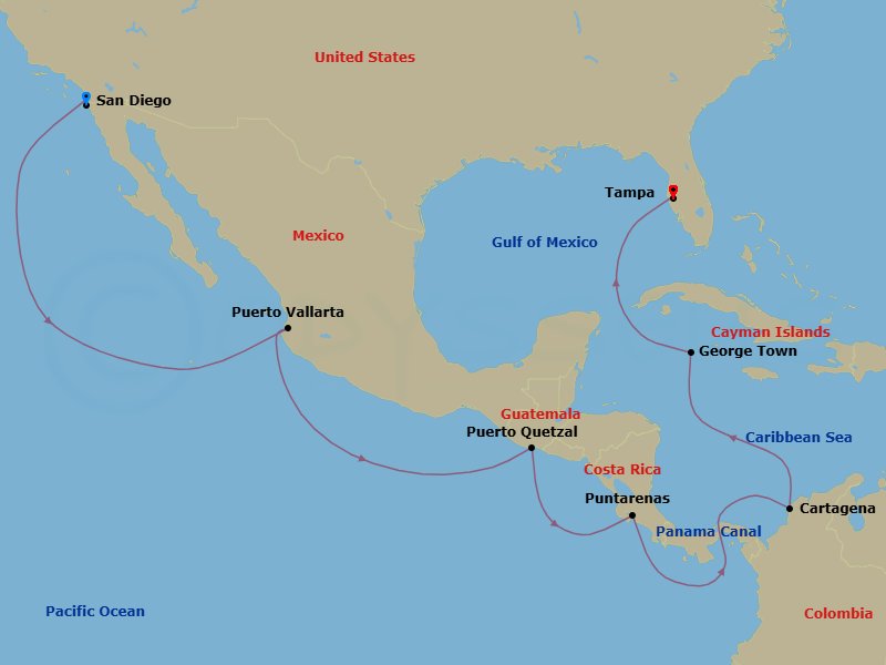 15 Night - Panama Canal Eastward Cruise - Serenade of the Seas - Starting in San Diego, California, Puerto Vallarta, Mexico, Puerto Quetzal, Guatemala, Puntarenas, Costa Rica, Panama Canal (Cruising), Cartagena CO, George Town, Grand Cayman, Tampa, Florida itinerary map