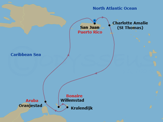 7 Night - Southern Caribbean Cruise - Vision of the Seas - Starting in San Juan, Puerto Rico, Charlotte Amalie, St Thomas, Willemstad AN, Curacao, Kralendijk, Bonaire, Oranjestad, Aruba, San Juan, Puerto Rico itinerary map