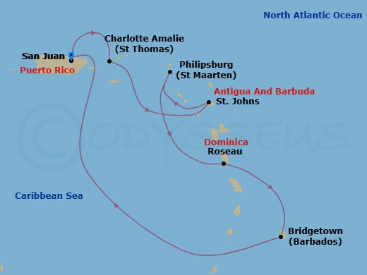 7 Night - Southern Caribbean Cruise - Vision of the Seas - Starting in San Juan, Puerto Rico, Charlotte Amalie, St Thomas, St Johns AG, Antigua, Philipsburg, St Maarten, Roseau, Dominica, Bridgetown, Barbados, San Juan, Puerto Rico itinerary map