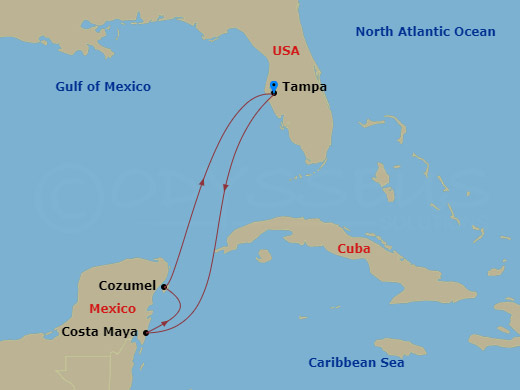 6 Night - Western Caribbean Cruise - Serenade of the Seas - Starting in Tampa, Florida, Puerto Costa Maya, Mexico, Cozumel, Mexico, Tampa, Florida itinerary map