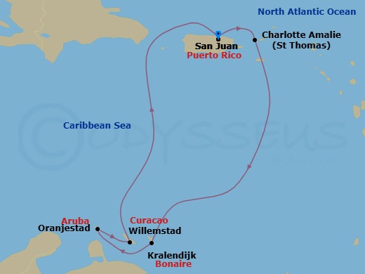 7 Night - Southern Caribbean Cruise - Vision of the Seas - Starting in San Juan, Puerto Rico, Charlotte Amalie, St Thomas, Kralendijk, Bonaire, Oranjestad, Aruba, Willemstad AN, Curacao, San Juan, Puerto Rico itinerary map