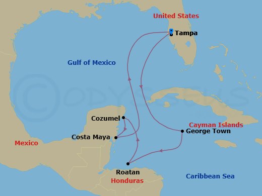 8 Night - Western Caribbean Cruise - Serenade of the Seas - Starting in Tampa, Florida, George Town, Grand Cayman, Roatan, Honduras, Cozumel, Mexico, Puerto Costa Maya, Mexico, Tampa, Florida itinerary map