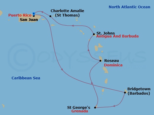 7 Night - Southern Caribbean Cruise - Vision of the Seas - Starting in San Juan, Puerto Rico, Bridgetown, Barbados, St Georges, Grenada, Roseau, Dominica, St Johns AG, Antigua, Charlotte Amalie, St Thomas, San Juan, Puerto Rico itinerary map