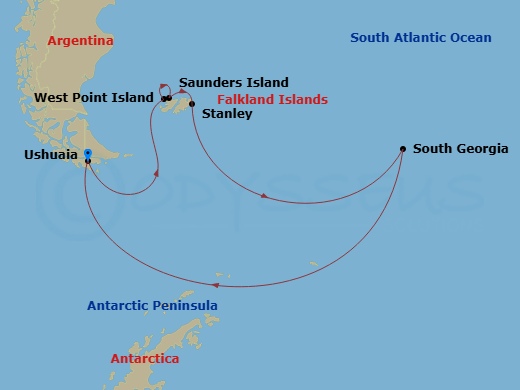 18 Night - In Shackleton's Footsteps : Falklands, South Georgia and the Antarctic Peninsula - SH Vega - Starting in Ushuaia, West Point Island, Saunders Island, Port Stanley, Falkland Islands, South Georgia, Antarctic Peninsula, Ushuaia itinerary map