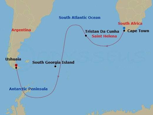 20 Night - South Atlantic Cruise : from South Africa to Antarctica - SH Diana - Starting in Cape Town, Tristan da Cunha, South Georgia, Antarctic Peninsula, Ushuaia itinerary map
