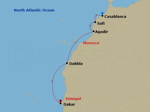 7 Night - Cruise from Morocco to Senegal - SH Diana - Starting in Casablanca, Safi, Agadir, Dakhla, Dakar itinerary map
