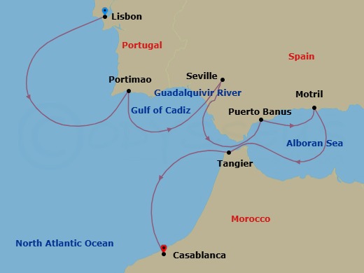 7 Night - From Fado to the Kasbah : Cruise from Lisbon to Casablanca - SH Diana - Starting in Lisbon, Portimao, Seville, Puerto Banus, Marbella, Motril, Tangier, Casablanca itinerary map