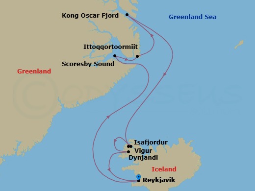 10 Night - Iceland to Greenland Roundtrip Cruise - SH Vega - Starting in Reykjavik, Scoresbysund, Ittoqqortoormiit, King Oscar Fjord, Isafjordur, Vigur Island, Dynjandi Waterfall, Reykjavik itinerary map