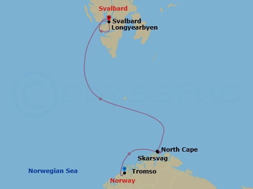 10 Night - Discover Svalbard and the Norwegian Arctic : Cruise from Tromso to Longyearbyen - SH Diana - Starting in Tromso, Skarsvag (Nordkapp), Cruising North Cape, Svalbard, Longyearbyen itinerary map