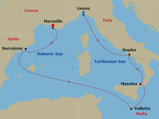6 Night - Mediterranean - MSC World Europa - Starting in Genoa (Portofino), Italy, Naples (Pompeii), Italy, Messina (Taormina), Italy, La Valletta, Malta, Barcelona, Spain, Marseille (Provence), France itinerary map