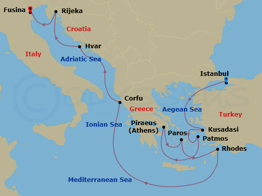11 Night - A Journey of Enchanting Mediterranean Discovery & Cultural Depth - EXPLORA II - Starting in Istanbul, Kusadasi, Patmos, Piraeus (Athens), Paros, Rhodes, Corfu, Hvar, Rijeka, Fusina (Venice) itinerary map