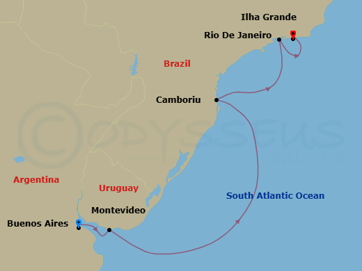5 Night - South America from Buenos Aires to Rio De Janeiro - Costa Serena - Starting in Buenos Aires, Argentina, Montevideo, Uruguay, Camboriu, Brazil, Abraao (Ilha Grande), Rio de Janeiro, Brazil itinerary map