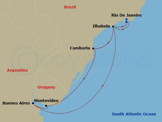 9 Night - South America Roundtrip from Rio De Janeiro - Costa Serena - Starting in Rio de Janeiro, Brazil, Ilhabela, Brazil, Buenos Aires, Argentina, Montevideo, Uruguay, Camboriu, Brazil, Ilhabela, Brazil, Rio de Janeiro, Brazil itinerary map