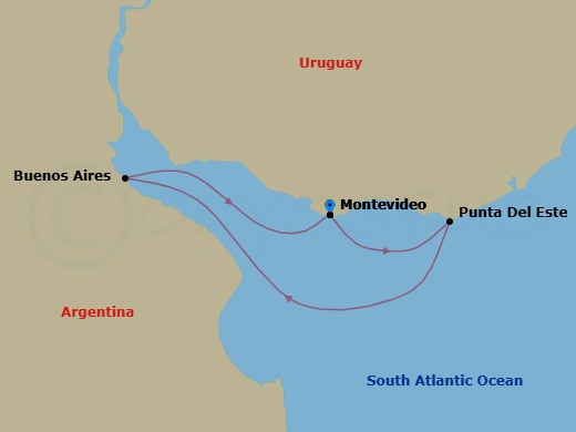 4 Night - South America Roundtrip from Montevideo - Costa Serena - Starting in Montevideo, Uruguay, Punta del Este, Uruguay, Buenos Aires, Argentina, Montevideo, Uruguay itinerary map