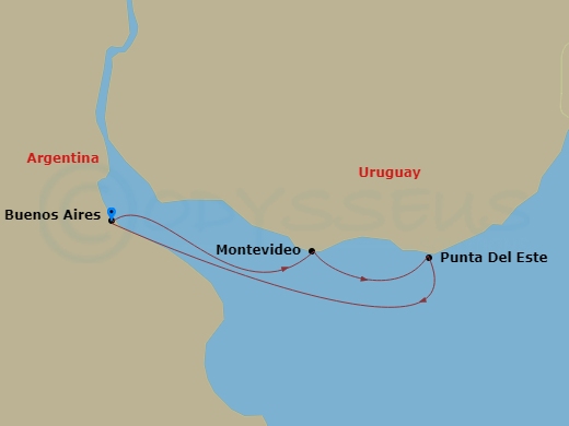 4 Night - South America Roundtrip from Buenos Aires - Costa Serena - Starting in Buenos Aires, Argentina, Montevideo, Uruguay, Punta del Este, Uruguay, Buenos Aires, Argentina itinerary map